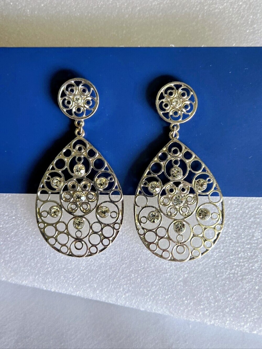 Silver Filigree Teardrop Dangle Earrings with Sparkle - Picture 15 of 16